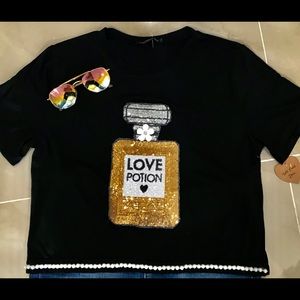 New T- shirt w/ sequin patch ,hand made